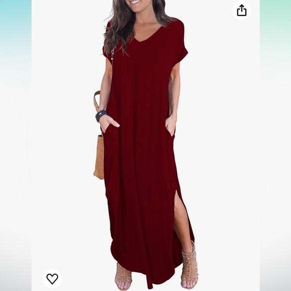 Casual Loose Pocket Long Dress Short Sleeve Split Maxi Dress V-Neck - Picture 2 of 10